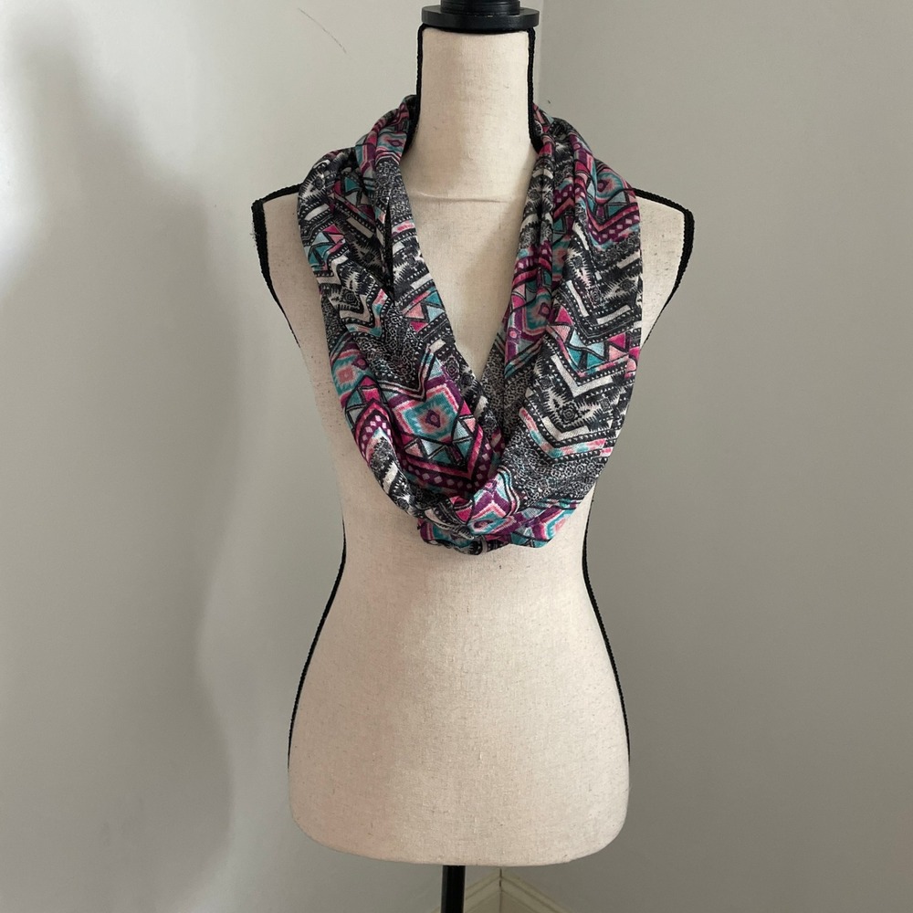 Geometric Chevron Infinity Scarf Pink Teal Black Tribal Print Boho Chic Festival